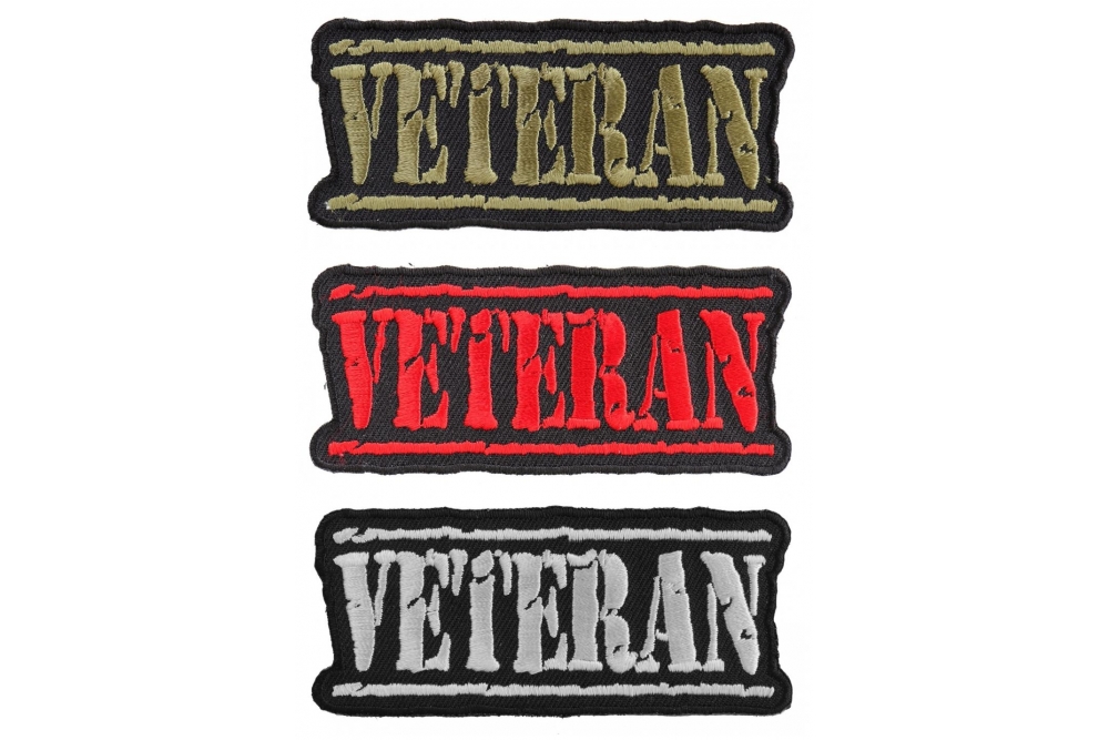 VETERAN Patches Red Green and White Embroidery Over Black Patch Set Of 3