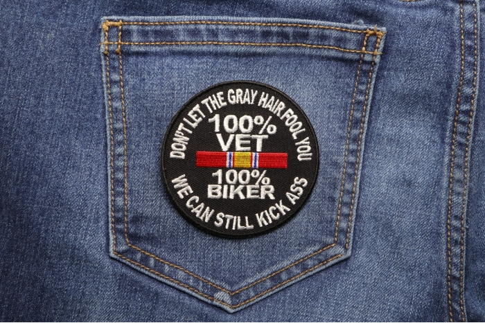 100 Percent Vet 100 Percent Biker We Can Still Kick Ass Patch shown on jeans
