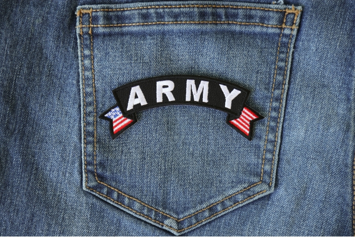 Army Small US Flag Rocker Patch shown on jeans