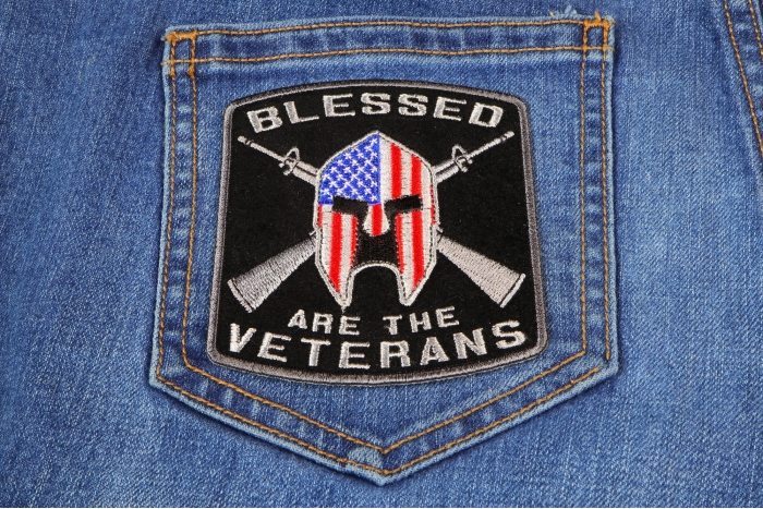 Blessed Are The Veterans American Flag Spartan Patch shown on jeans