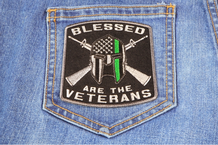 Blessed Are The Veterans Iron on Patch shown on jeans