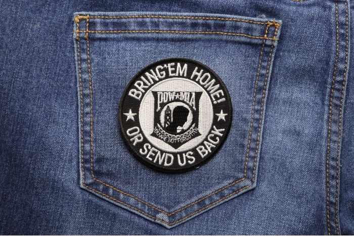 Bring Em Home or Send US Back Small Iron on Patch shown on jeans