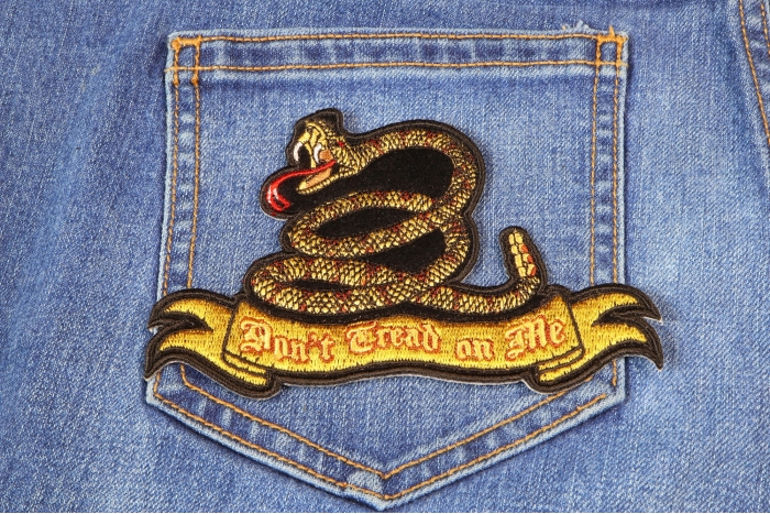 Don't Tread On Me Snake Patch Small shown on jeans