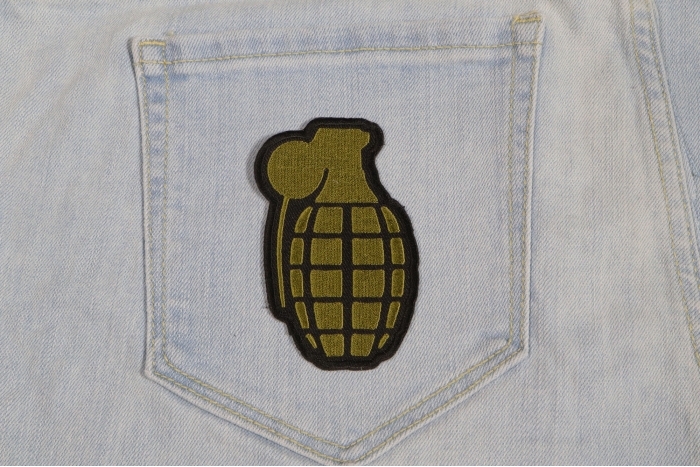 Grenade Iron on Patch In OD Green shown on jeans