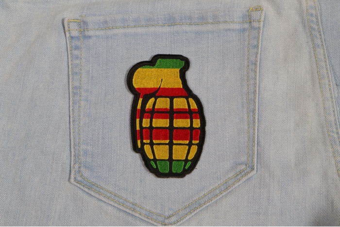 Grenade Iron on Patch Vietnam Colors shown on jeans