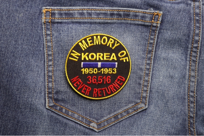 In Memory Of Korea Round Patch shown on jeans