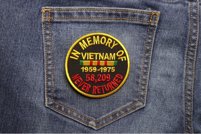 In Memory Of Vietnam Round Patch shown on jeans