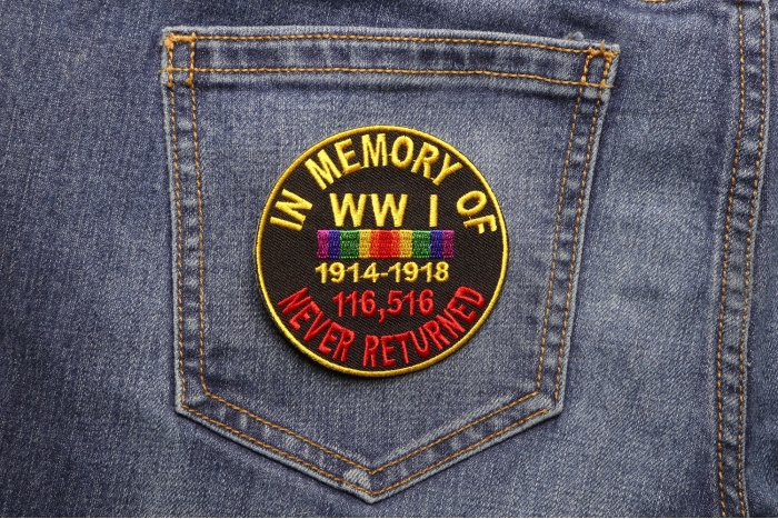 In Memory Of World War 1 Round Iron on Patch shown on jeans