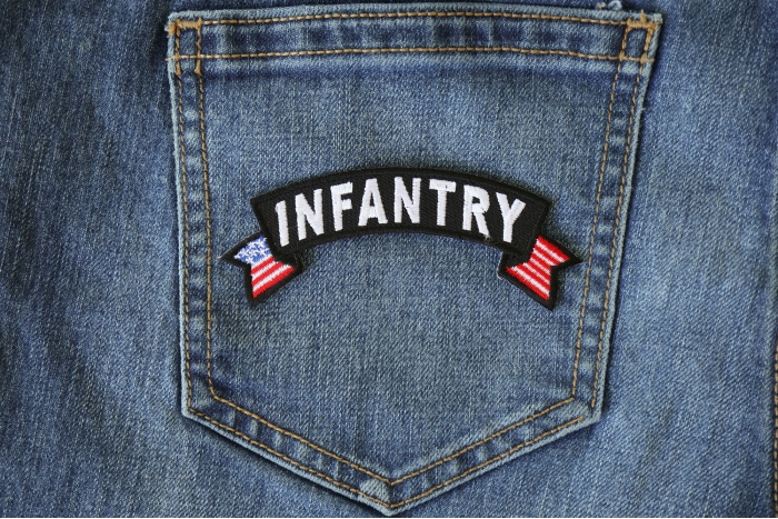 Infantry Small Flag Rocker Patch shown on jeans