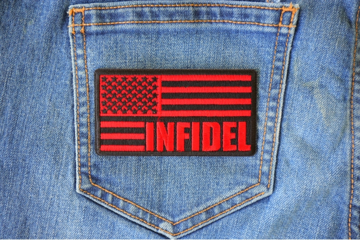 Black and Red American Flag Patch INFIDEL shown on jeans