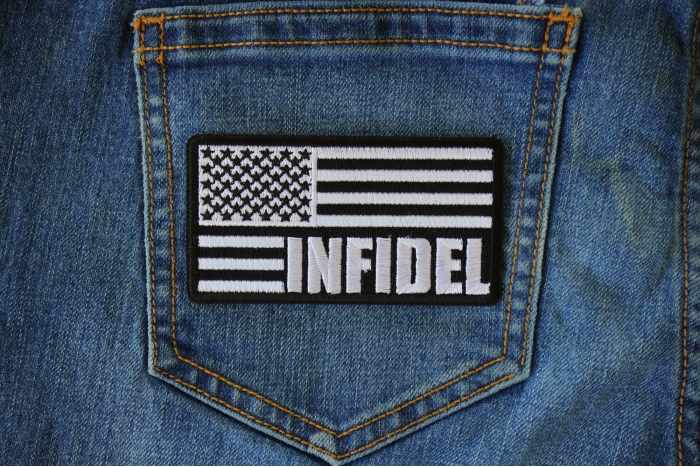 Infidel American Flag Black White Patch shown on jeans