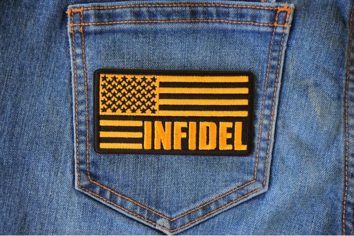 Infidel American Flag Black Yellow Patch shown on jeans
