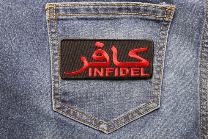 Infidel Patch Red With Arabic shown on jeans