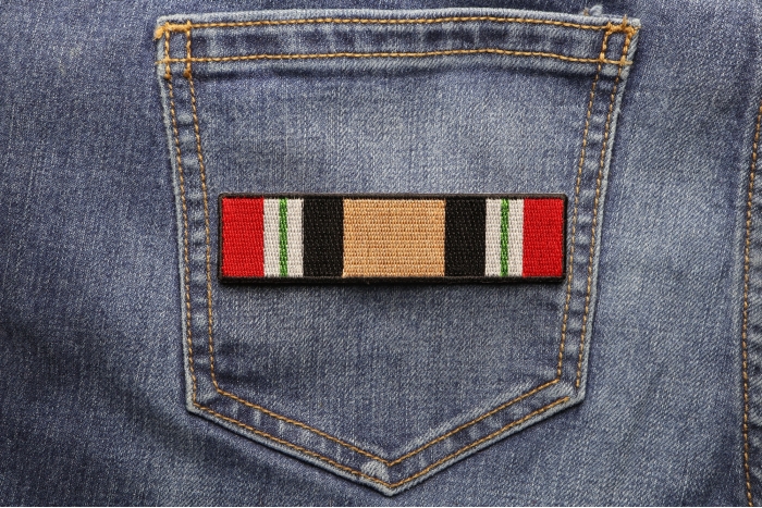 Iraq War Service Ribbon Patch shown on jeans