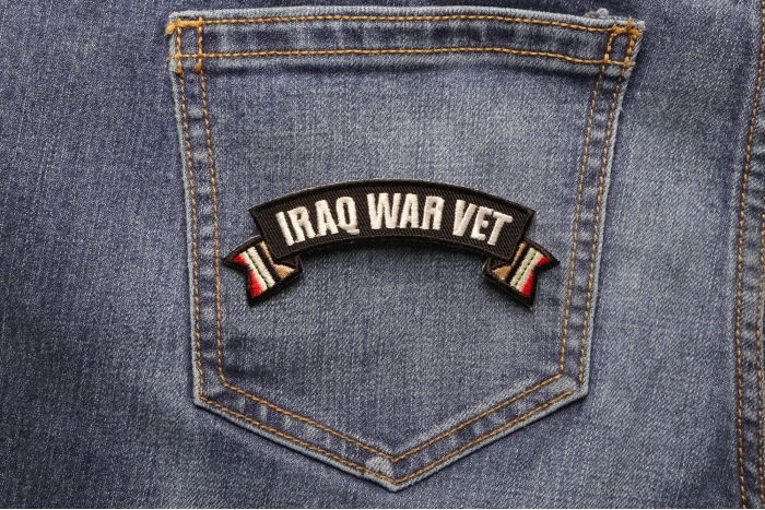 Iraq War Vet Ribbon Small Rocker shown on jeans