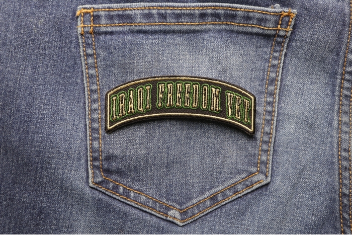 Iraqi Freedom Vet Rocker Small Patch shown on jeans