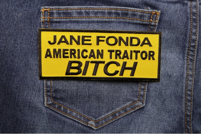 Jane Fonda American Traitor Bitch Patch shown on jeans