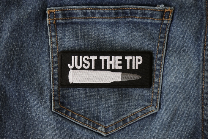 Just The Tip Bullet Patch shown on jeans