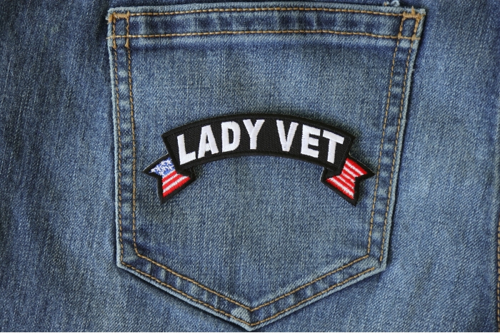 Lady Vet Small Flag Rocker Patch shown on jeans