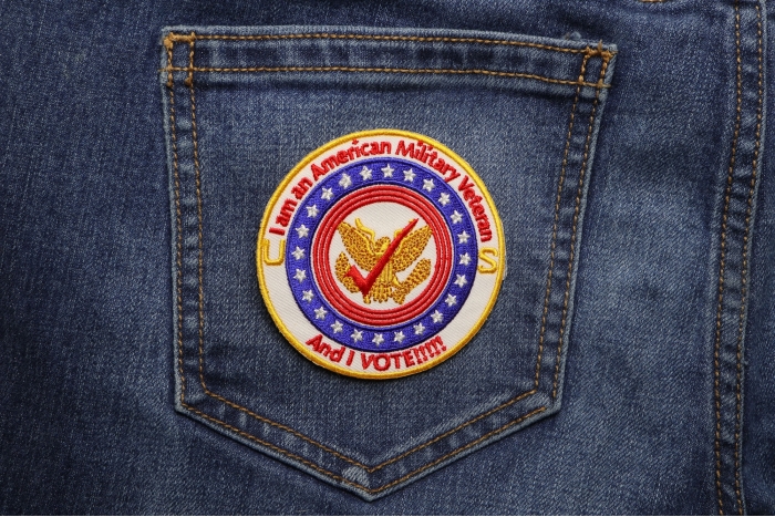 I'm a Vet and I Vote Patch for Hats shown on jeans