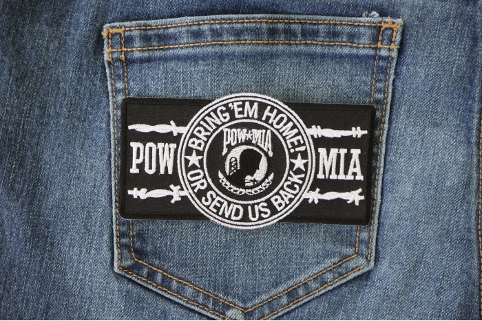 POW MIA Barbwire Patch shown on jeans