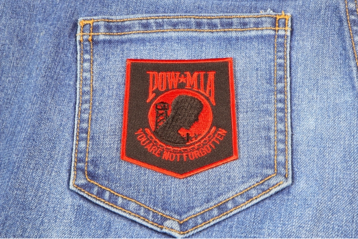 POW MIA Patch Black Red shown on jeans