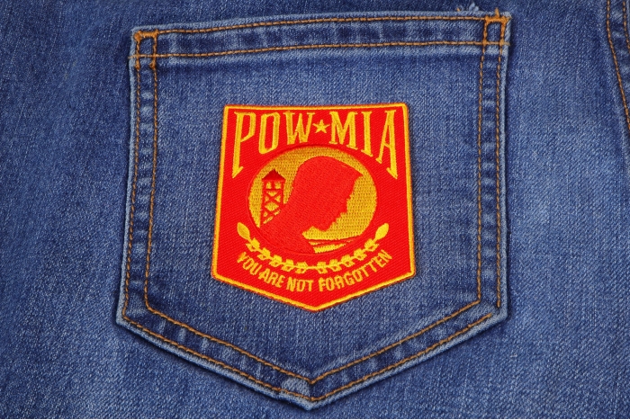 POW MIA Red and Yellow Patch shown on jeans