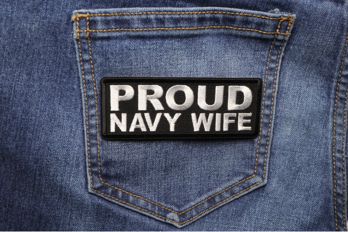 Proud Navy Wife Patch shown on jeans
