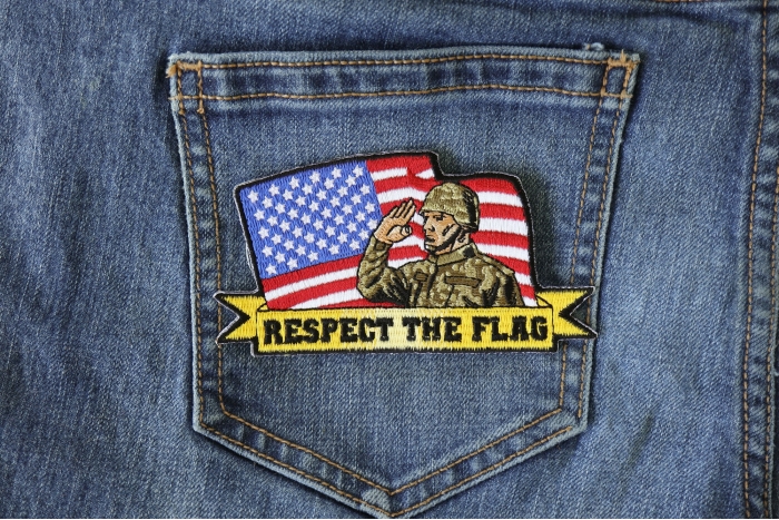 Saluting Soldier Patch shown on jeans