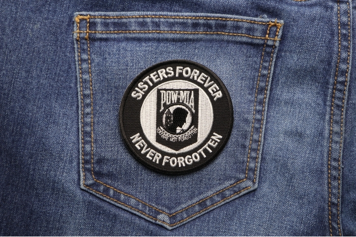 Sisters Forever POW MIA Patch - Embroidered - Sew or Iron on to Jackets shown on jeans