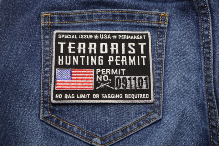 Terrorist Hunting Permit Funny Military Morale Patch shown on jeans