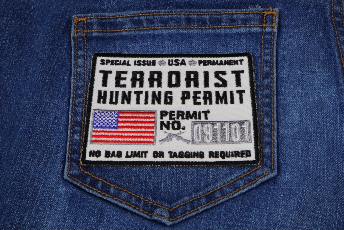 Terrorist Hunting Permit White Patch shown on jeans