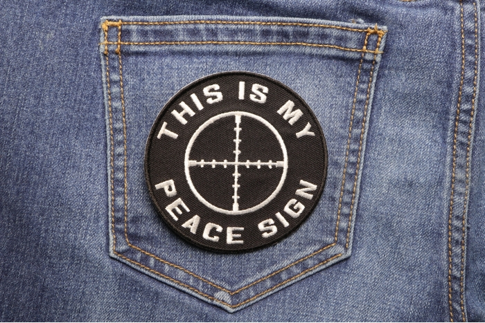 This Is My Peace Sign Funny Military Morale Patch shown on jeans