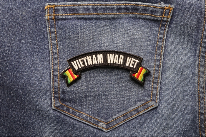 Vietnam War Vet Ribbon Small Rocker shown on jeans