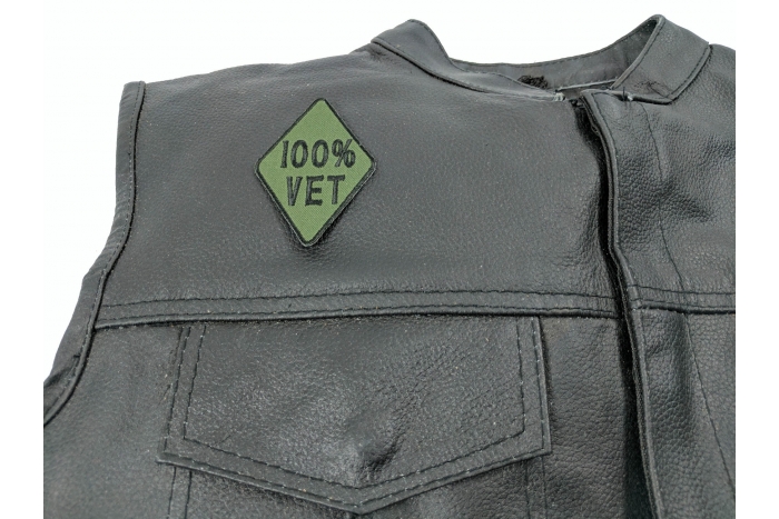 100 Percent Vet Patch, Military Patches shown on leather vest