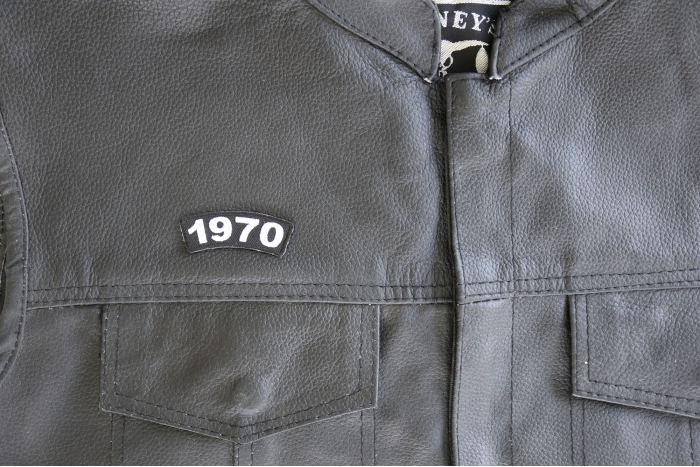 1970 Year Patch - 2.2x0.75 inch. Embroidered Iron on Patch shown on leather vest