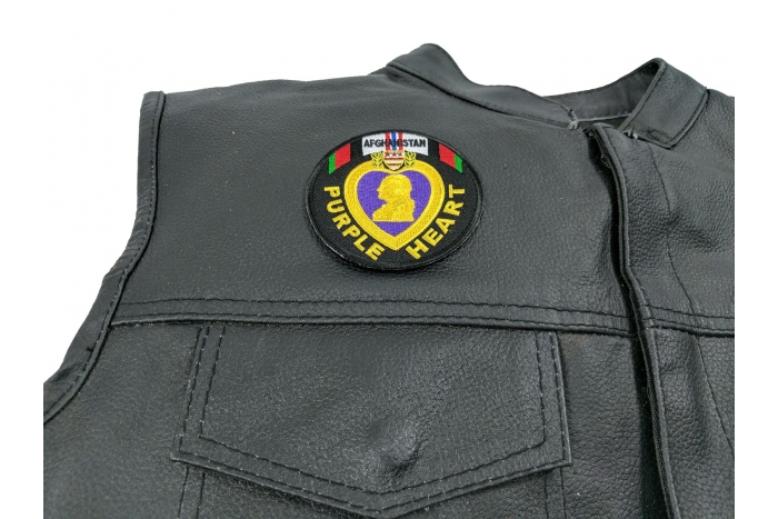 Afghanistan Purple Heart Patch - 3x3 inch. Embroidered Iron on Patch shown on leather vest