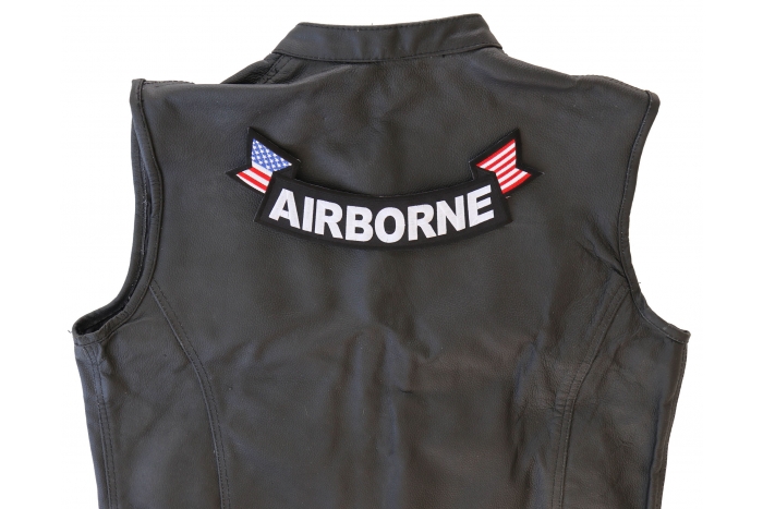 Airborne Patch, US Flag Large Rocker Patch shown on leather vest