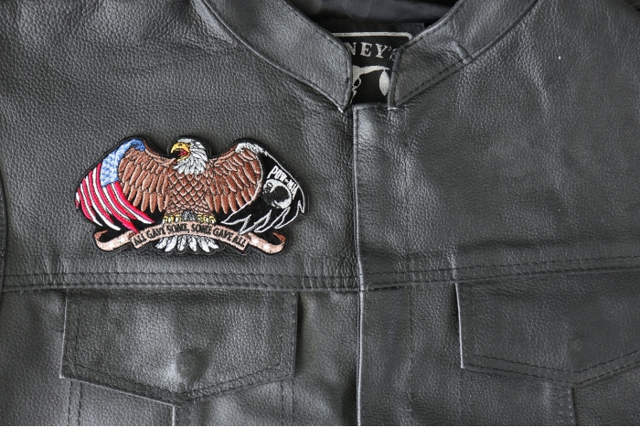 All Gave Some and Some Gave All POW MIA Eagle Patch - 5.25x2.7 inch - Embroidered Iron on Patch shown on leather vest