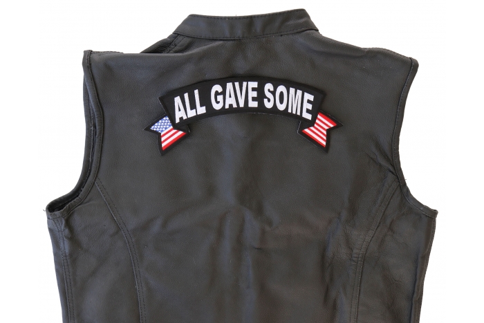 All Gave Some Patch, US Flag Large Rocker Patch shown on leather vest