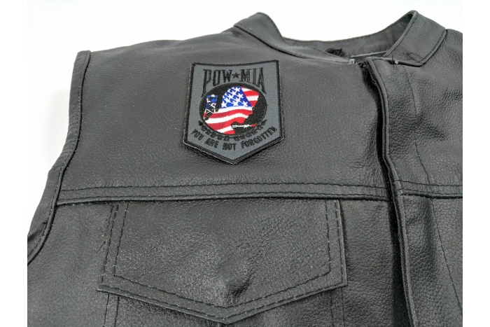 American Flag POW MIA Patch - 2.5x3.25 inch. Embroidered Iron on Patch shown on leather vest