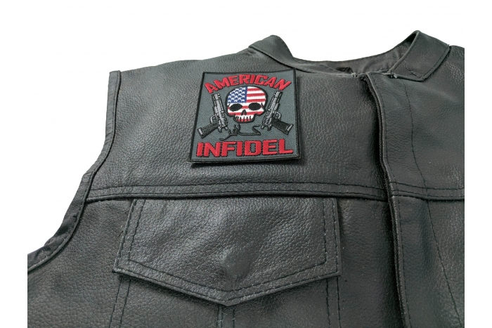 American Infidel Skulls and Guns  Patch, Skull Patches shown on leather vest