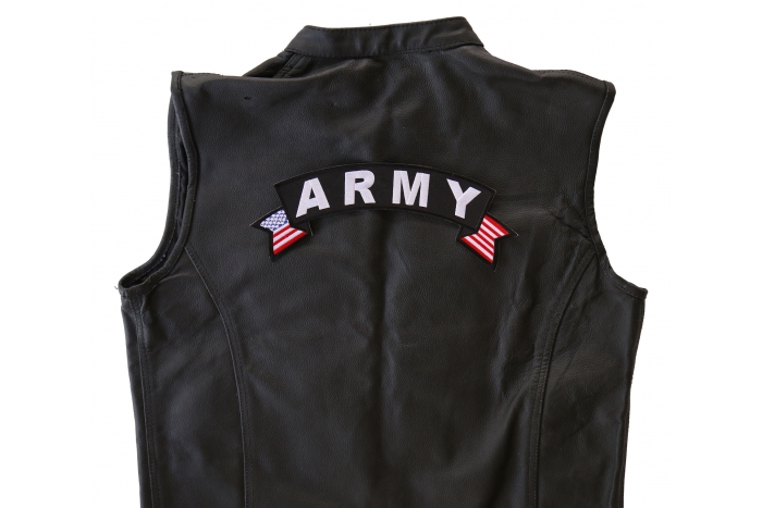 Army Patch, US Flag Large Rocker Patch shown on leather vest
