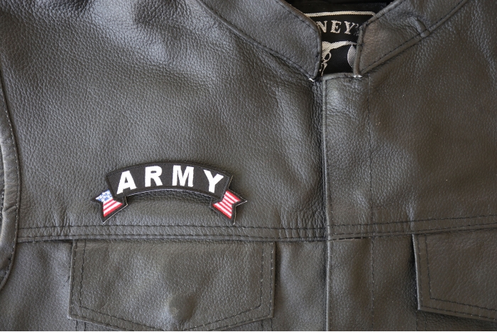 Army Small US Flag Rocker Patch - 4x1.5 inch - Embroidered Iron on Patch shown on leather vest