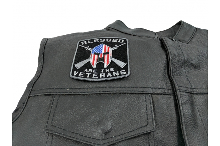 Blessed are The Veterans American Flag Spartan Patch - 3.5x3.75 inch. Embroidered Iron on Patch shown on leather vest