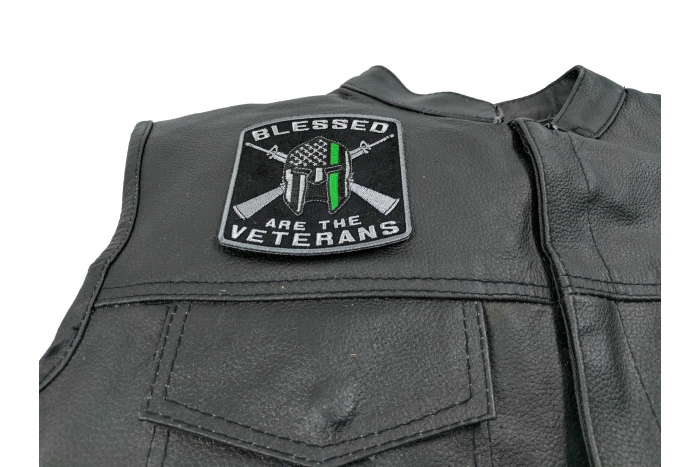 Blessed are The Veterans Patch - 3.5x3.75 inch. Embroidered Iron on Patch shown on leather vest