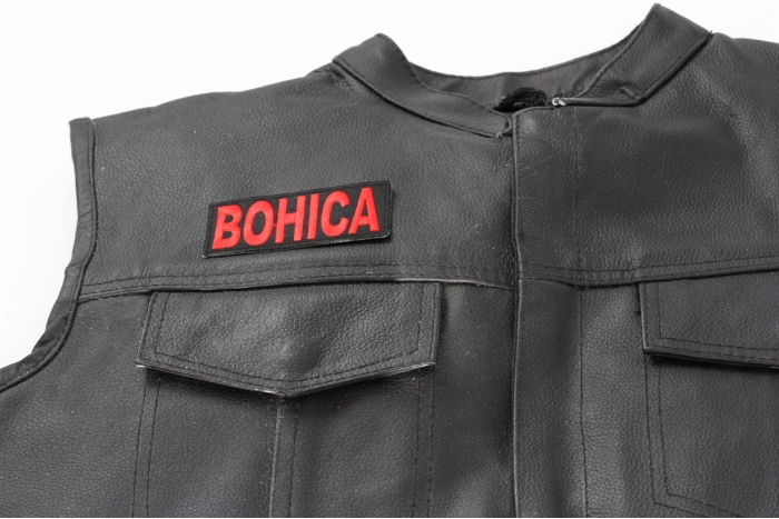BOHICA Patch, Military Saying Patches shown on leather vest