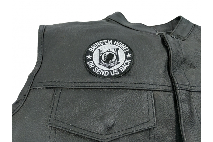 Bring Em Home or Send US Back Small - 3x3 inch. Embroidered Iron on Patch shown on leather vest