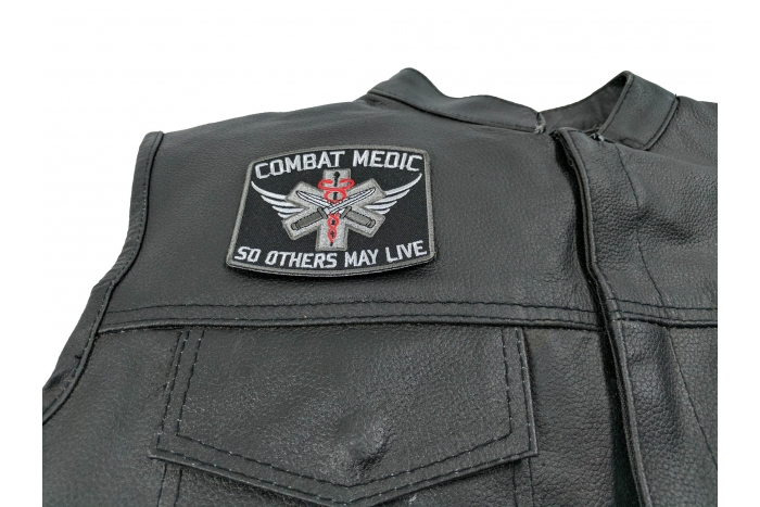Combat Medic Patch So Others May Live - 3.5x3 inch. Embroidered Iron on Patch shown on leather vest