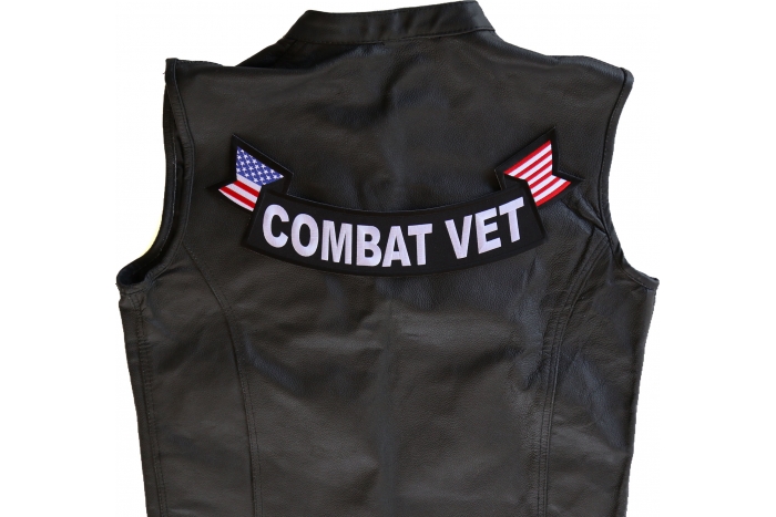 Combat Vet Patch, US Flag Large Rocker Patch shown on leather vest